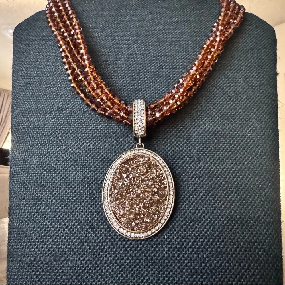 Joan Rivers Multi Strand Mocha Crystal Bead Druzy Rhinestone Pendant Necklace 18